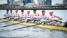 Liam Corrigan (right, in white hat) and Austin Hack (black visor), both of Old Lyme, will be rowing with the U.S. team in the men's eight in the Tokyo Olympics.