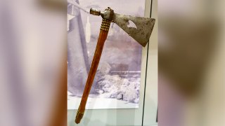 This undated photo shows a tomahawk once owned by Chief Standing Bear, a pioneering Native American civil rights leader, which will be returning to his Nebraska tribe after decades in a museum at Harvard University in Cambridge, Mass. The university's Peabody Museum of Archaeology & Ethnology says it's been working with members of the Ponca Tribe in Nebraska and Oklahoma to repatriate the artifact.