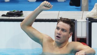 Bobby Finke of United States reacts after winning the gold medal in the men's 800m freestyle.