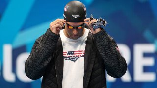 Caeleb Dressel of the United States arrives before competing in the men's 100m freestyle semifinal.