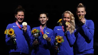 (L-R) Gold medalists Julia Beljajeva, Irina Embrich, Erika Kirpu and Katrina Lehis of Team Estonia pose with their gold medals during the Women's Epée Team Victory Ceremony