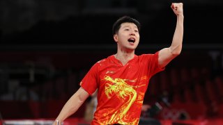 Ma Long of Team China celebrates winning his Men's Singles Semifinals match on day six of the Tokyo 2020 Olympic Games at Tokyo Metropolitan Gymnasium on July 29, 2021 in Tokyo, Japan.