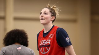 LAS VEGAS, NV - JULY 15: Katie Lou Samuelson #33 of the USA Women's National 3x3 Team looks on during USAB Womens 3x3 National Team practice at the Mandalay Bay Convention Center on July 15, 2021 in Las Vegas, Nevada.