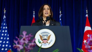 U.S. Vice President Kamala Harris delivers a speech on August 24, 2021 at Gardens by the Bay in Singapore before departing for Vietnam on the second leg of her Asia trip.
