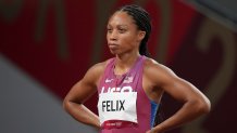 Allyson Felix, of the United States, prepares to start in a semifinal of the women's 400-meters at the 2020 Summer Olympics, Wednesday, Aug. 4, 2021, in Tokyo.