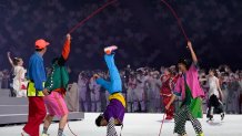 Dancers perform during the closing ceremony in the Olympic Stadium at the 2020 Summer Olympics, Sunday, Aug. 8, 2021, in Tokyo, Japan.