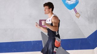 Nathaniel Coleman of the United States celebrates during the sport climbing men's combined final on day thirteen of the Tokyo 2020 Olympic Games at Aomi Urban Sports Park