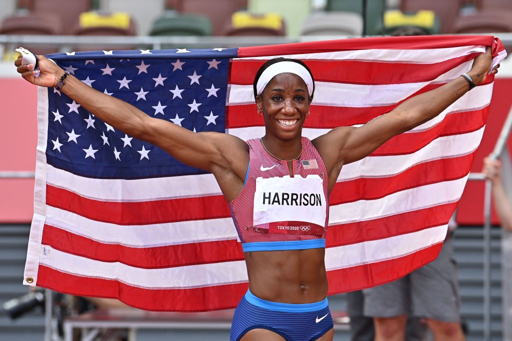 Silver medallist USA's Kendra Harrison celebrates after the women's 100m hurdles final during the Tokyo 2020 Olympic Games at the Olympic Stadium in Tokyo on Aug. 2, 2021.