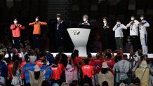 President of the International Olympic Committee (IOC) Thomas Bach (C) delivers a speech during the closing ceremony of the Tokyo 2020 Olympic Games, at the Olympic Stadium, in Tokyo, on Aug. 8, 2021.