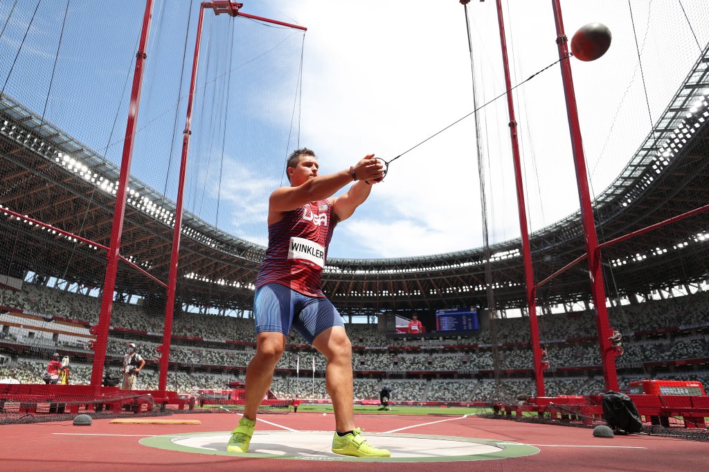 Rudy Winkler of Team United States competes in the Men's Hammer Throw Qualification on day 10 of the Tokyo 2020 Olympic Games at Olympic Stadium on Aug. 2, 2021, in Tokyo, Japan.