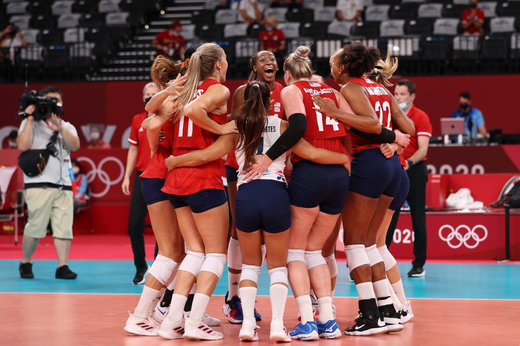 Team United States celebrates after defeating Team Italy during the Women's Preliminary - Pool B volleyball on day ten of the Tokyo 2020 Olympic Games at Ariake Arena on Aug. 2, 2021, in Tokyo, Japan.