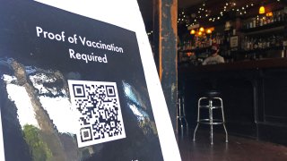 A proof of vaccination sign is posted at a bar in San Francisco on July 29, 2021.