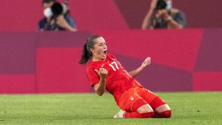 Jessie Fleming #17 of Canada celebrates her goal during a game between Canada and USWNT at Kashima Soccer Stadium on August 2, 2021 in Kashima, Japan.