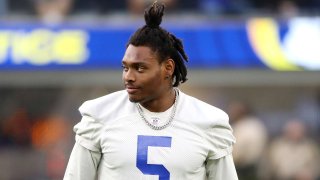 No. 5 Jalen Ramsey of the Los Angeles Rams looks on during open practice at SoFi Stadium on June 10, 2021 in Inglewood, California.