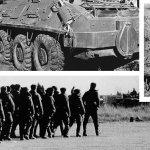 Top, right: Rebel Muslim fighters inspect a captured Soviet tank near Asmar, Afghanistan, Dec. 27, 1979. Bottom: A squad of Soviet troops with automatic weapons marches on the Kabul Airport tarmac Dec. 30, 1979.