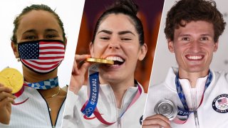 From left: Carissa Moore, Kelsey Plum and Nathaniel Coleman hold up medals won on behalf of Team USA for surfing shortboard, women's 3x3 basketball and sport climbing respectively.