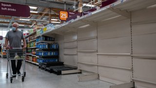 Empty shelves that usually stock bottled water at Sainsbury’s supermarket, Greenwich Peninsular, on September 19, 2021 in London, England.