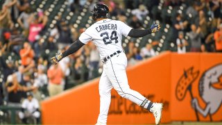 Miguel Cabrera #24 of the Detroit Tigers celebrates after hitting a two-run home run against the Oakland Athletics during the bottom of the fourth inning at Comerica Park on September 01, 2021 in Detroit, Michigan.