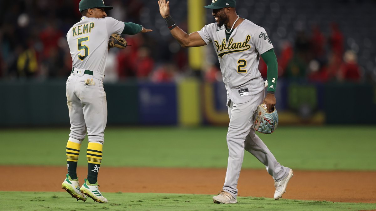 Oakland Athletics center fielder Starling Marte catches a deep fly