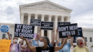 Pro-choice activists hold signs outside the U.S. Supreme Court in Washington, D.C. on Oct. 4, 2021.