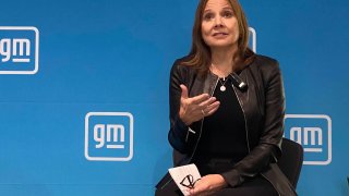 GM CEO and Chair Mary Barra speaks to reporters Oct. 6, 2021 ahead of investor presentations at its design and technology campus near Detroit.