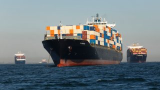 Container ships wait outside the Ports of Los Angeles and Long Beach waiting to unload on Oct. 13, 2021.