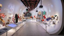 wide shot of a museum gallery filled with football memorabilia