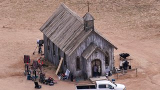 This aerial photo shows a film set at the Bonanza Creek Ranch in Santa Fe, N.M., Saturday, Oct. 23, 2021. Actor Alec Baldwin fired a prop gun on the set of a Western being filmed at the ranch on Thursday, Oct. 21, killing the cinematographer, officials said. (AP Photo/Jae C. Hong)