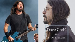 This combination photo shows Dave Grohl of the Foo Fighters performing at Bourbon and Beyond Music Festival in Louisville, Ky., on Sept. 20, 2019, left, and "The Storyteller: Tales of Life and Music, a memoir by Grohl.