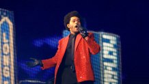 TAMPA, FLORIDA - FEBRUARY 07: The Weeknd performs during the Pepsi Super Bowl LV Halftime Show at Raymond James Stadium on February 07, 2021 in Tampa, Florida. (Photo by Mike Ehrmann/Getty Images)