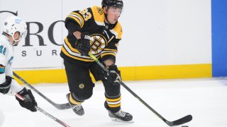 Brad Marchand #63 of the Boston Bruins skates against the San Jose Sharks at the TD Garden on October 24, 2021 in Boston, Massachusetts.