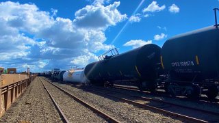 A derailed train in Oakland.