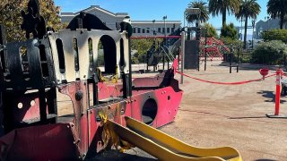 The fire-damaged children’s play area of Sue Bierman Park.