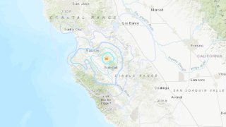 A USGS map shows the location of a 3.8 magnitude earthquake in San Benito County.