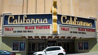 Ornate, historical marquee on facade of the California Theater in downtown Berkeley, California, with advertisement for the film Black Panther, May 17, 2018. (Photo by Smith Collection/Gado/Getty Images)