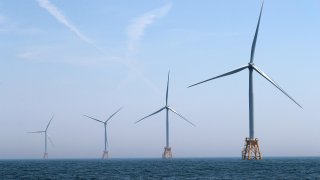 This photograph, taken on June 13, 2017, shows the Block Island Wind Farm, Rhode Island.