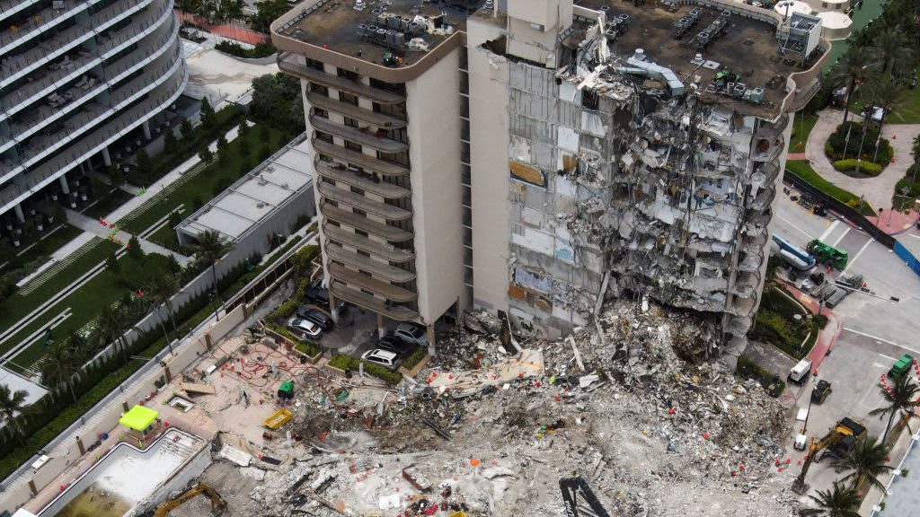An aerial view of the site during a rescue operation of the Champlain Tower partially collapsed in Surfside, Florida, on July 1, 2021.