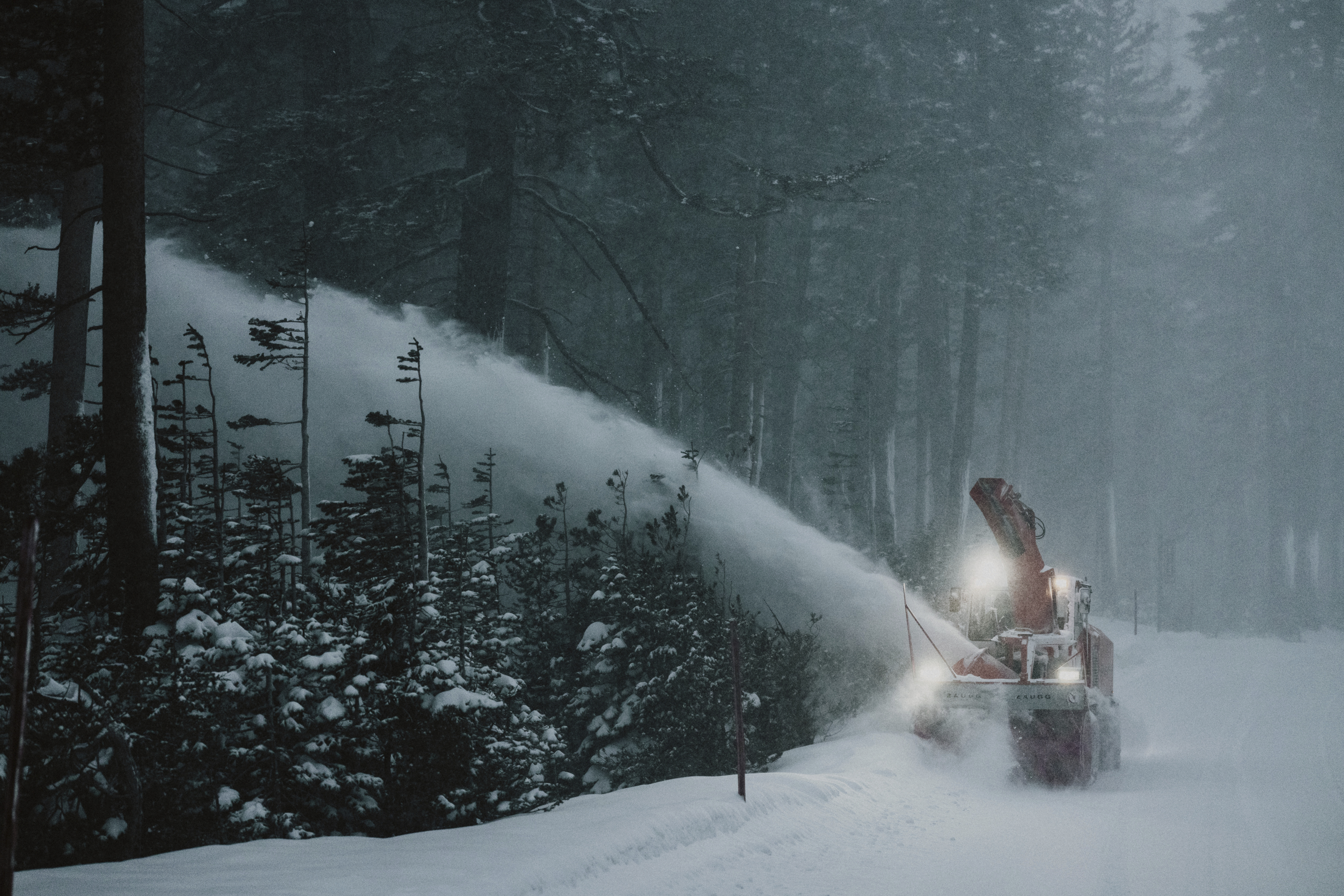 In this photo provided by the Mammoth Mountain Ski Area, a snowplow clears fresh snow around the Mammoth Mountain ski resort in Mammoth Lakes, Calif., on Monday, Dec. 13, 2021.
