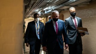 WASHINGTON, DC - DECEMBER 15: Senate Majority Leader Chuck Schumer (D-NY) leaves a meeting on Capitol Hill on Wednesday, Dec. 15, 2021 in Washington, DC.