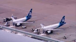 Alaska Airlines planes at Mineta San Jose International Airport.