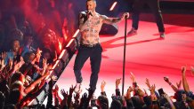 ATLANTA, GA - FEBRUARY 03:  Adam Levine and Maroon 5 perform during the Pepsi Halftime Show during Super Bowl LIII between the Los Angeles Rams and the New England Patriots on February 3, 2019 at Mercedes Benz Stadium in Atlanta, GA.  (Photo by Rich Graessle/Icon Sportswire via Getty Images/ProPlayer Insiders)