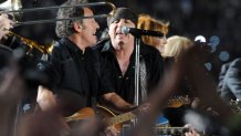 Musician Bruce Springsteen and guitarist Steven Van Zandt of the E Street Band perform at the Bridgestone halftime show during Super Bowl XLIII between the Arizona Cardinals and the Pittsburgh Steelers on February 1, 2009 at Raymond James Stadium in Tampa, Florida. (Photo by Jeff Kravitz/FilmMagic)