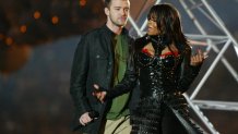 Justin Timberlake and Janet Jackson perform during the half - time show at Super Bowl XXXVIII (Photo by J. Shearer/WireImage)