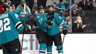 Timo Meier #28 and Brent Burns #88 of the San Jose Sharks celebrate.