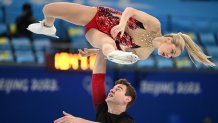 Team USA's Alexa Scimeca-Knierim and Brandon Frazier compete in the pair skating short program at the 2022 Winter Olympic Games, Feb. 18, 2022.