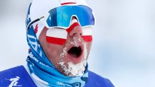 Poland's Dominik Bury competes in the men's 50km mass start free event on Feb. 19, 2022 at the Zhangjiakou National Cross-Country Skiing Centre for the 2022 Winter Olympic Games. The event was shortened to 30km due to high winds.