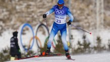 Adrien Backscheider of Team France in action during the Men's Cross-Country Skiing 50km Mass Start Free at the 2022 Winter Olympics, Feb. 19, 2022, in Zhangjiakou, China. The event distance has been shortened to 30k due to weather conditions.