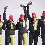 Members of Team Germany celebrate their silver medal win in the Mixed Team Parallel big final on day 16 of the 2022 Winter Olympics at National Alpine Ski Centre on Feb. 20, 2022, in Yanqing, China.