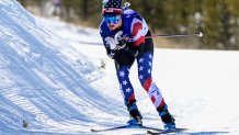 USA's Jessie Diggins competes in the Women's 30km Mass Start Free Cross-Country event during the 2022 Winter Olympic Games at the Zhangjiakou National Cross-Country Skiing Centre in Zhangjiakou, China on Feb. 20, 2022.