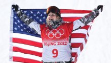 Silver medallist Julia Marino of Team USA celebrates during the Women's Snowboard Slopestyle Final flower ceremony on day two of the 2022 Winter Olympics at Genting Snow Park on Feb. 6, 2022, in Zhangjiakou, China.